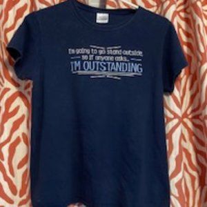 Navy Short Sleeve Tee "I'm Oustanding " whimisical logo, ultra 100% cotton, Med.